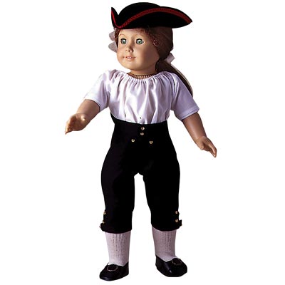 Some toys have gotten into the trend. Particularly the American Girl franchise. Felicity Merriman was one of few dolls that came with her own pair of breeches, trousers only worn by men in her time. She tops it off with a riding hat. Unfortunately, this retired. But it can give you some ideas...