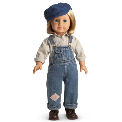 American Girl also marketed Kit Kittredge in androgynous fashion. She was the only doll to have androgynous fashion marketed in her main line. This pair of overalls was given to her by her brother because she outgrew her clothes, according to the accompanying book Kit Saves the Day.
